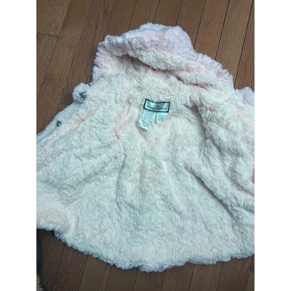 American Widgeon Girls Pink‎ Faux Fur Hooded Coat Teddy Bear Bow 18M 3507 SMA